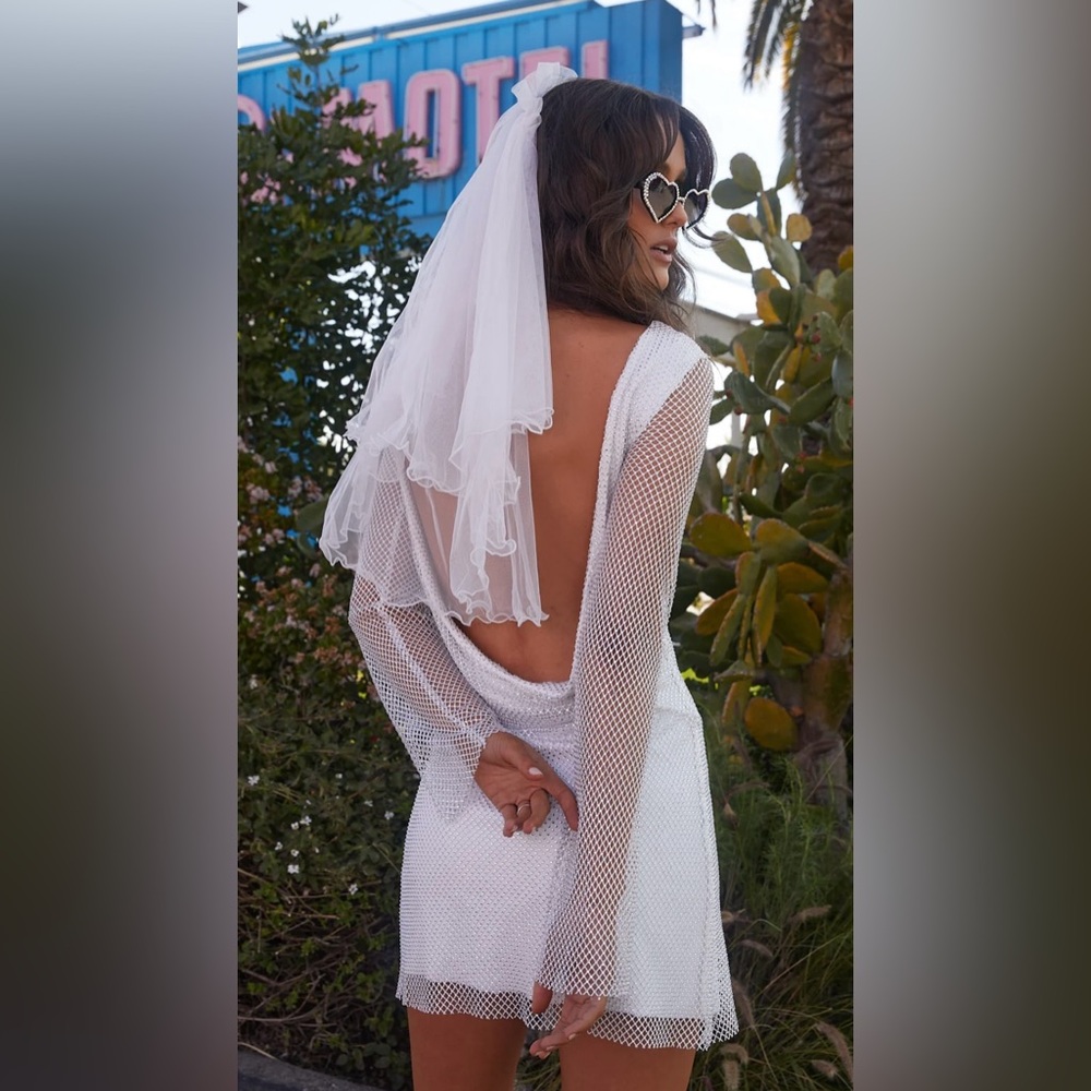 L White Rhinestone Mesh Mini Dress - Bachelorette, Bridal Shower, Wedding